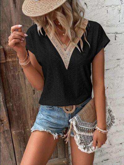 Eyelet V-Neck Short Sleeve T-Shirt - Trendsi - Flyclothing LLC