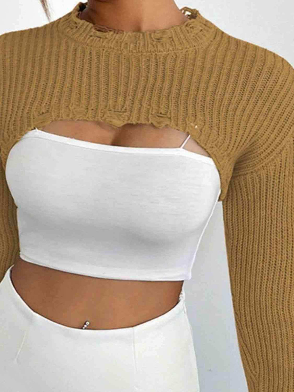 Distressed Long Sleeve Cropped Sweater - Trendsi - Flyclothing LLC