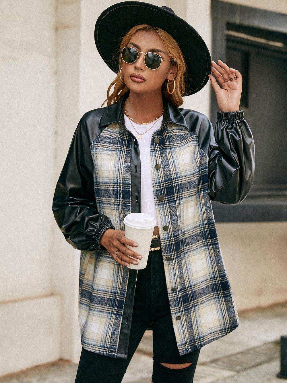 Plaid Button Down Raglan Sleeve Jacket - Trendsi - Flyclothing LLC