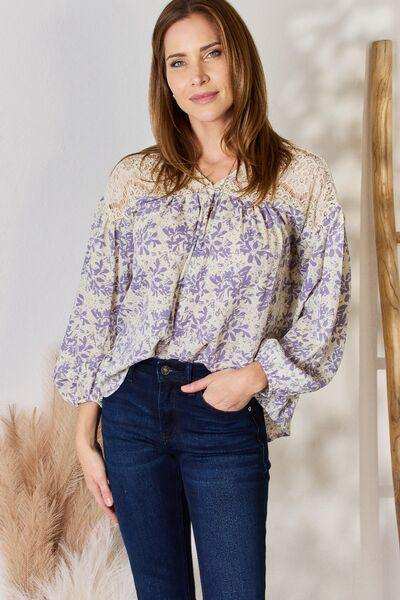 Hailey & Co Full Size Lace Detail Printed Blouse - Trendsi - Flyclothing LLC