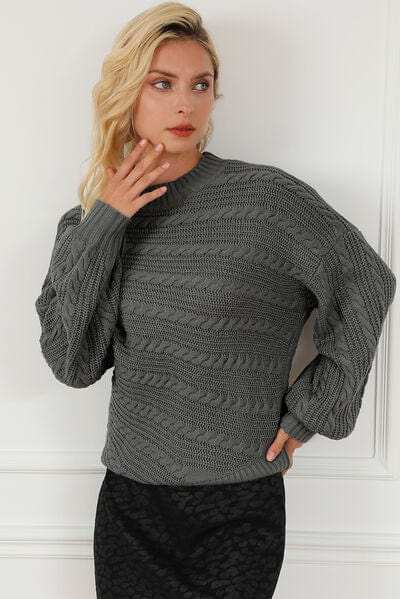 Cable-Knit Mock Neck Dropped Shoulder Sweater - Trendsi - Flyclothing LLC