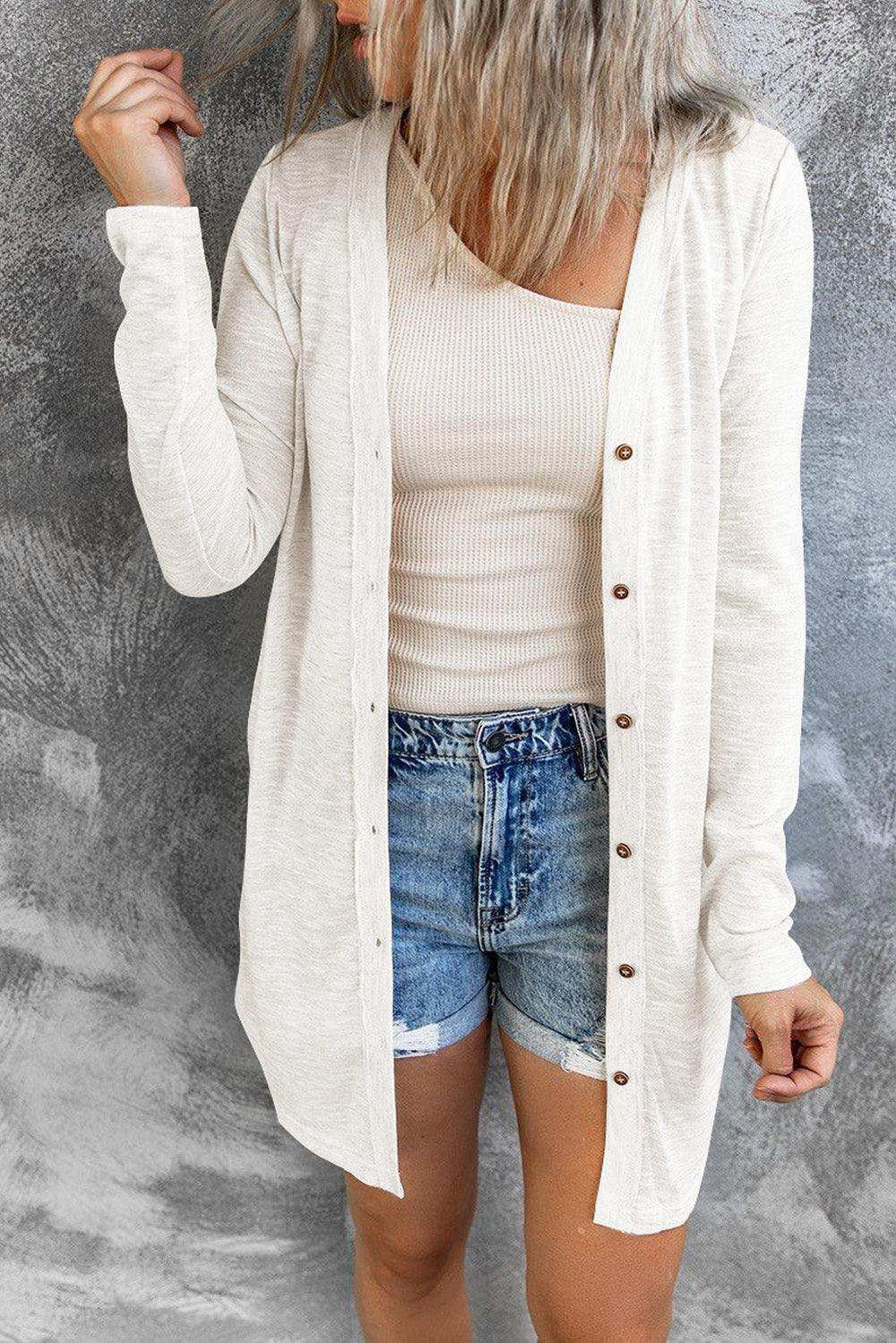 Button Down Long Sleeve Longline Cardigan - Trendsi - Flyclothing LLC