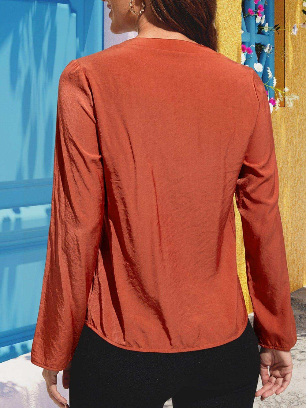Notched Neck Long Sleeve Top - Trendsi - Flyclothing LLC