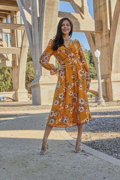 Double Take Full Size Floral Tie Back Flounce Sleeve Dress - Trendsi - Flyclothing LLC