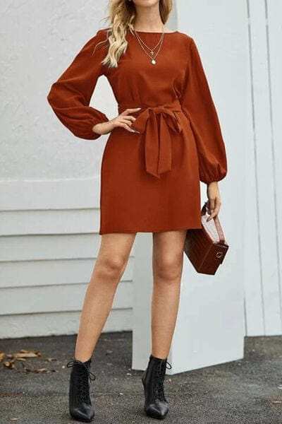 Tied Boat Neck Balloon Sleeve Mini Dress - Trendsi - Flyclothing LLC