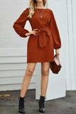 Tied Boat Neck Balloon Sleeve Mini Dress - Trendsi - Flyclothing LLC
