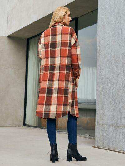 Plaid Pocketed Button Up Trench Coat - Trendsi - Flyclothing LLC