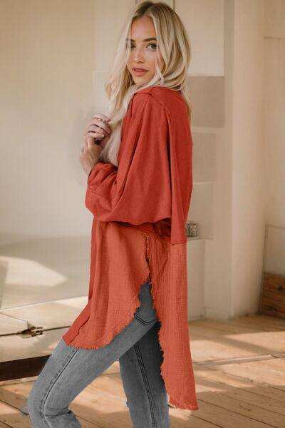 Contrast Texture Round Neck Long Sleeve Blouse - Trendsi - Flyclothing LLC