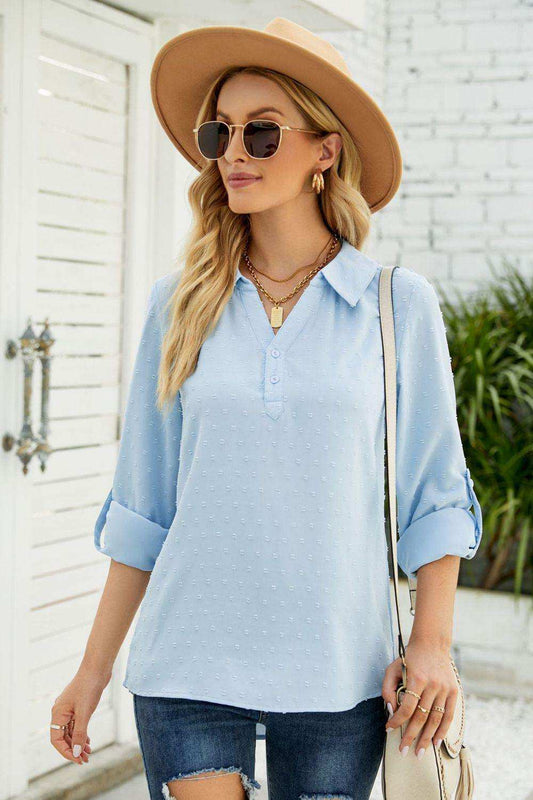 Swiss Dot Johnny Collar Blouse - Trendsi - Flyclothing LLC