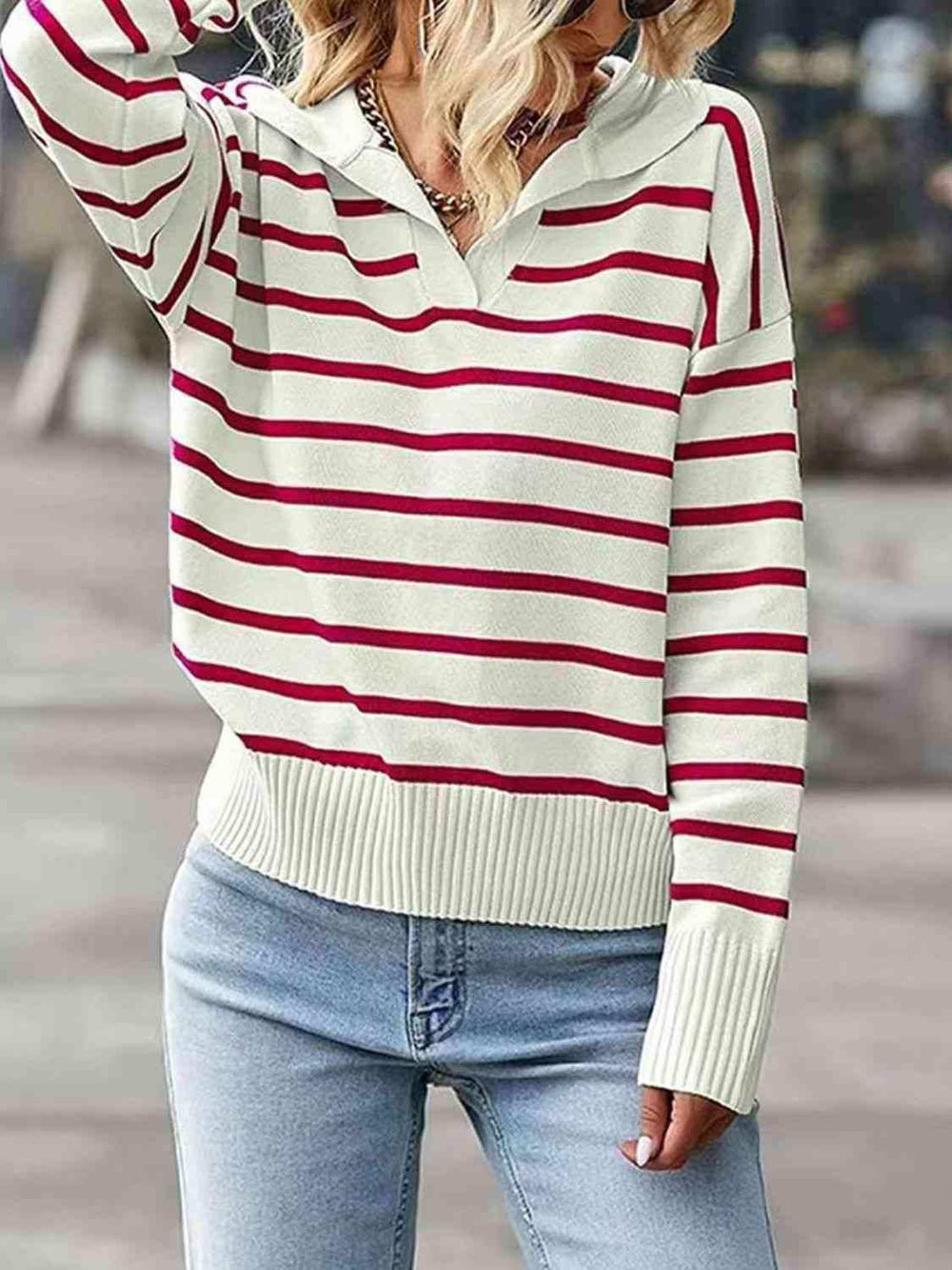 Striped Collared Neck Knit Top - Trendsi - Flyclothing LLC