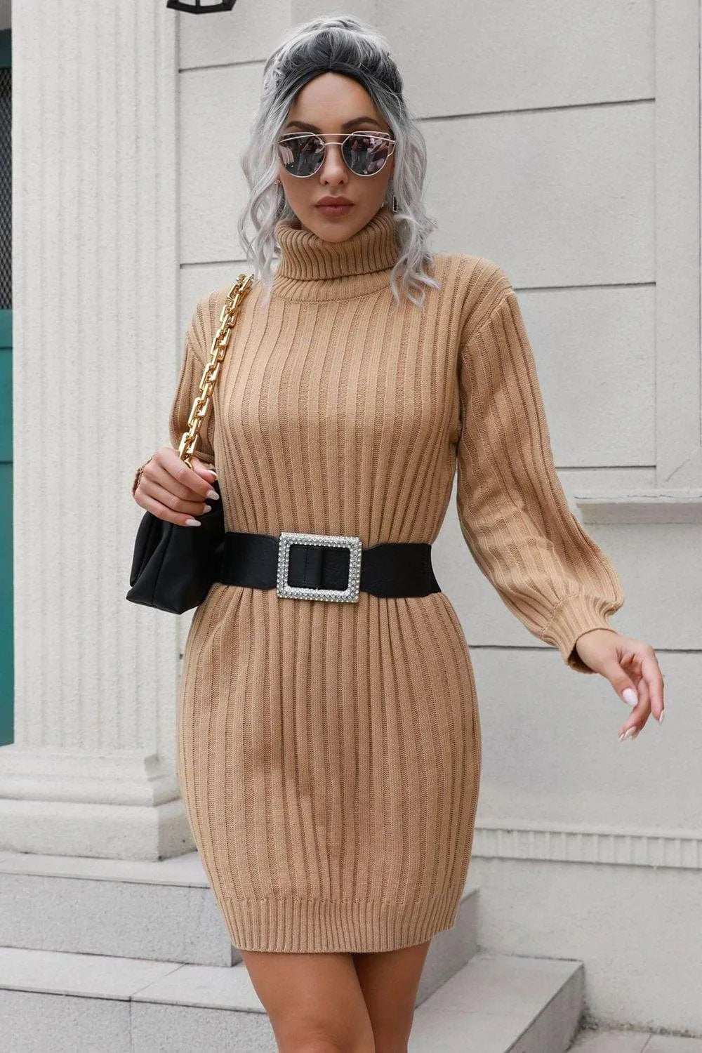 Ribbed Turtle Neck Long Sleeve Mini Sweater Dress - Trendsi - Flyclothing LLC
