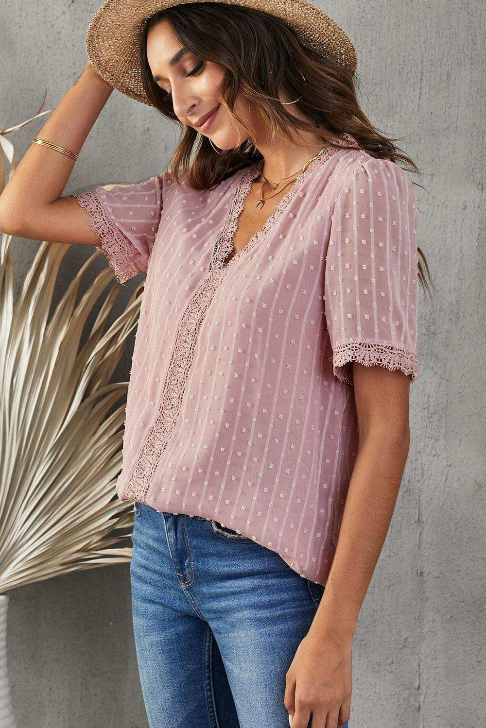 Swiss Dot Lace Trim Plunge Blouse - Trendsi - Flyclothing LLC