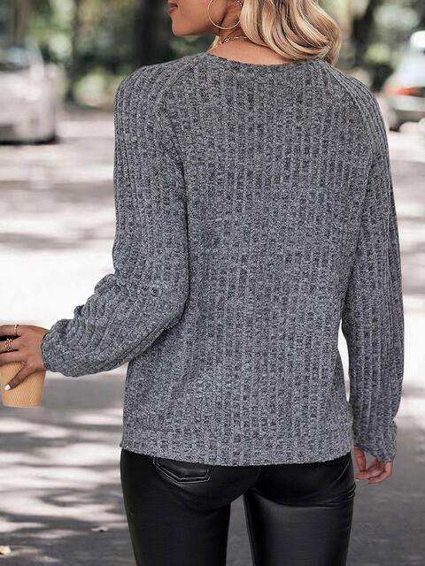 Round Neck Long Sleeve Knit Top - Trendsi - Flyclothing LLC