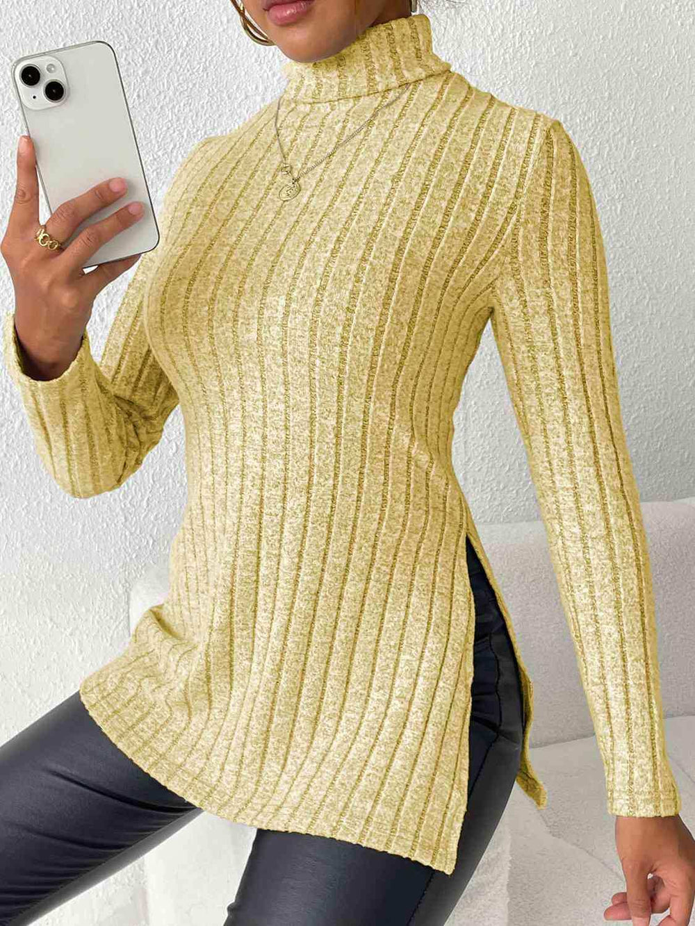 Ribbed Turtleneck Long Sleeve Slit T-Shirt - Trendsi - Flyclothing LLC