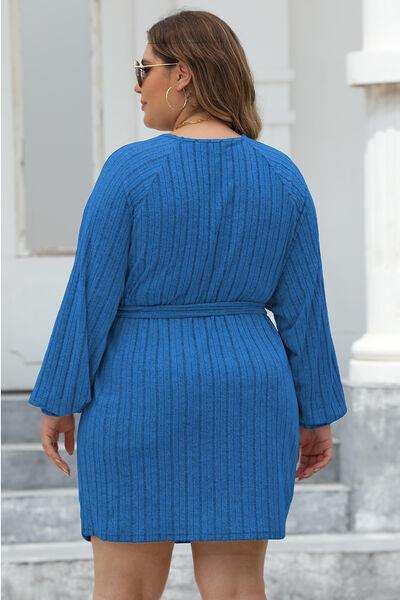 Plus Size Ribbed Tie Front Long Sleeve Sweater Dress - Trendsi - Flyclothing LLC