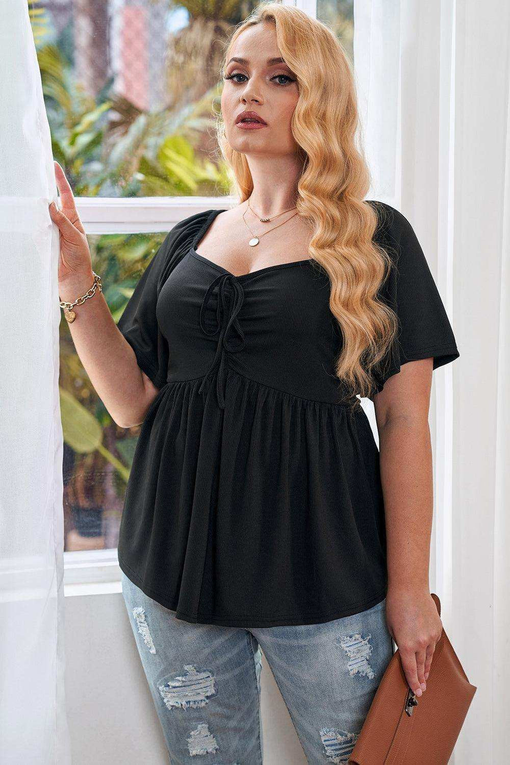Plus Size Drawstring Sweetheart Neck Babydoll Blouse - Trendsi - Flyclothing LLC