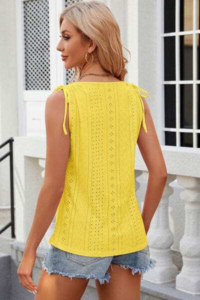 Eyelet Round Neck Wide Strap Tank - Trendsi - Flyclothing LLC