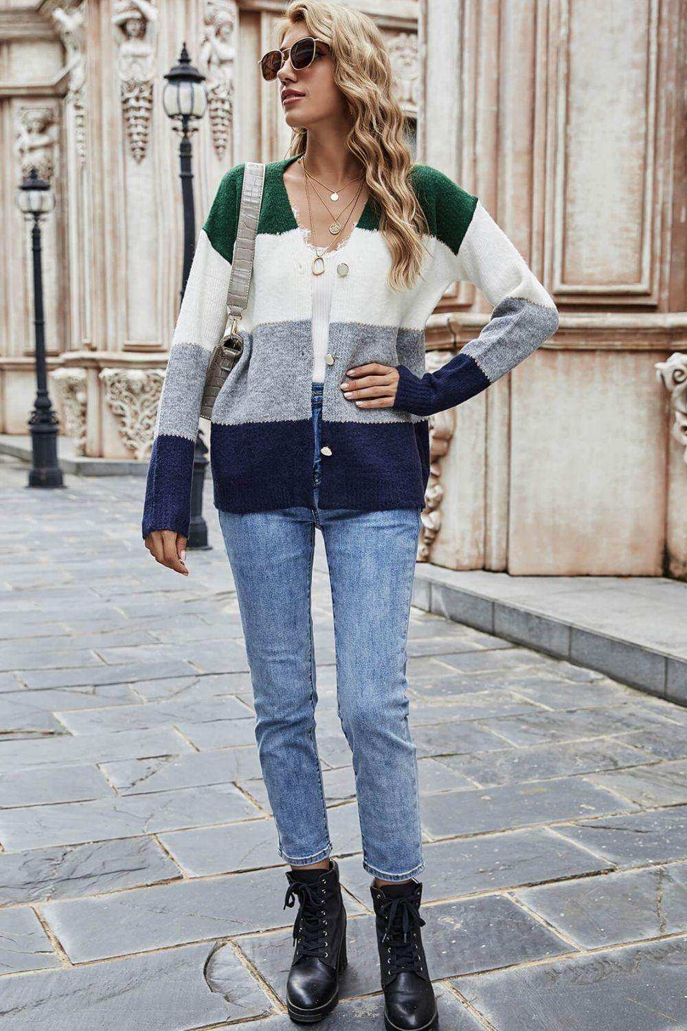 Color Block V-Neck Button Down Cardigan - Trendsi - Flyclothing LLC