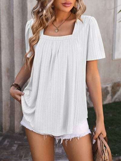 Ruched Square Neck Short Sleeve Blouse - Trendsi - Flyclothing LLC