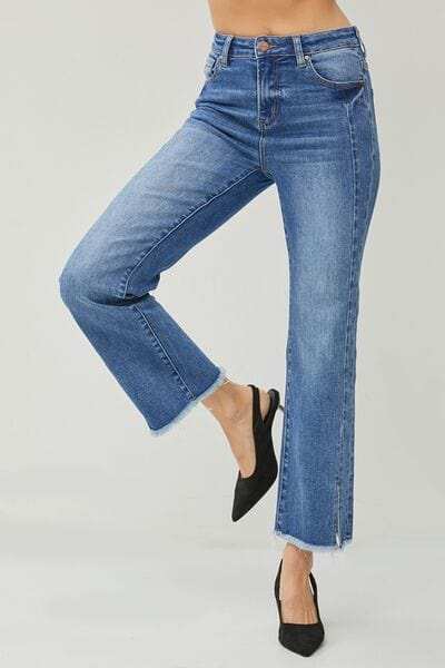 RISEN High Waist Raw Hem Slit Straight Jeans - Trendsi - Flyclothing LLC