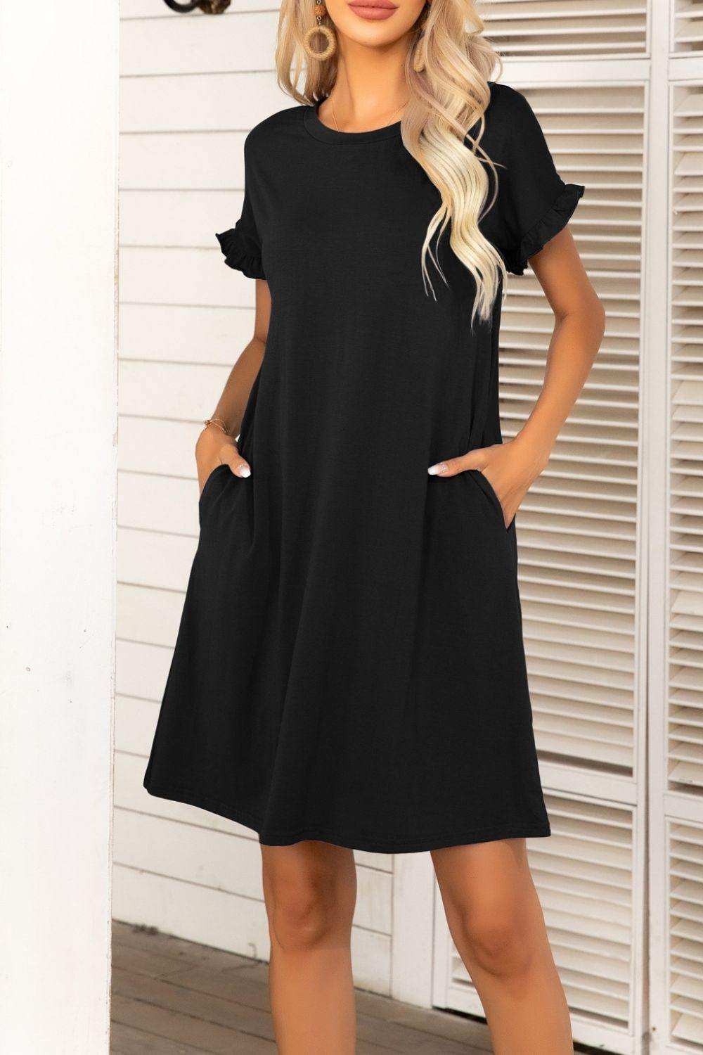 Flounce Sleeve Round Neck Dress with Pockets - Trendsi - Flyclothing LLC