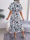 Printed Collared Neck Short Sleeve Tie Waist Dress - Trendsi - Flyclothing LLC