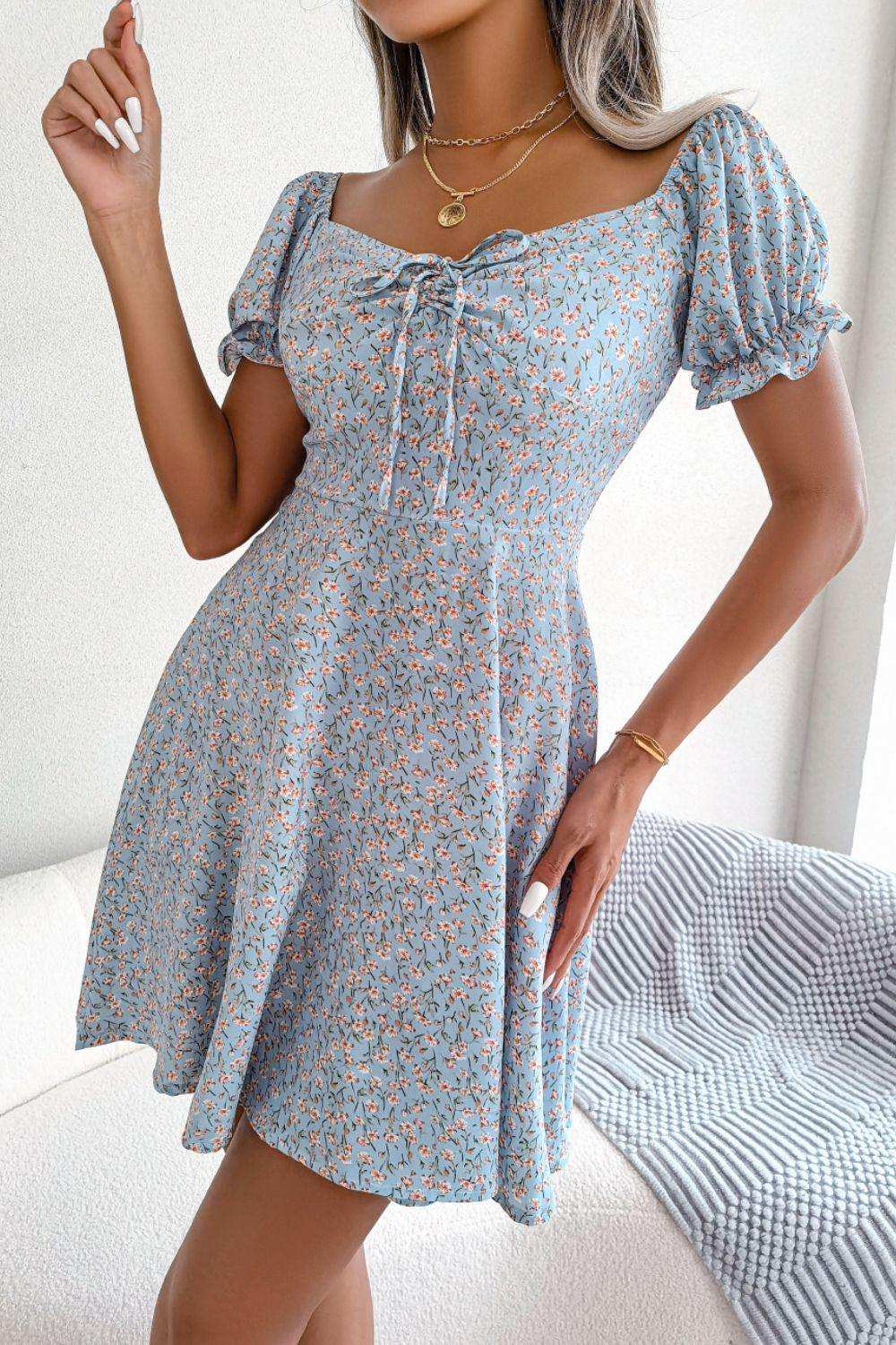 Ditsy Floral Drawstring A-Line Dress - Trendsi - Flyclothing LLC