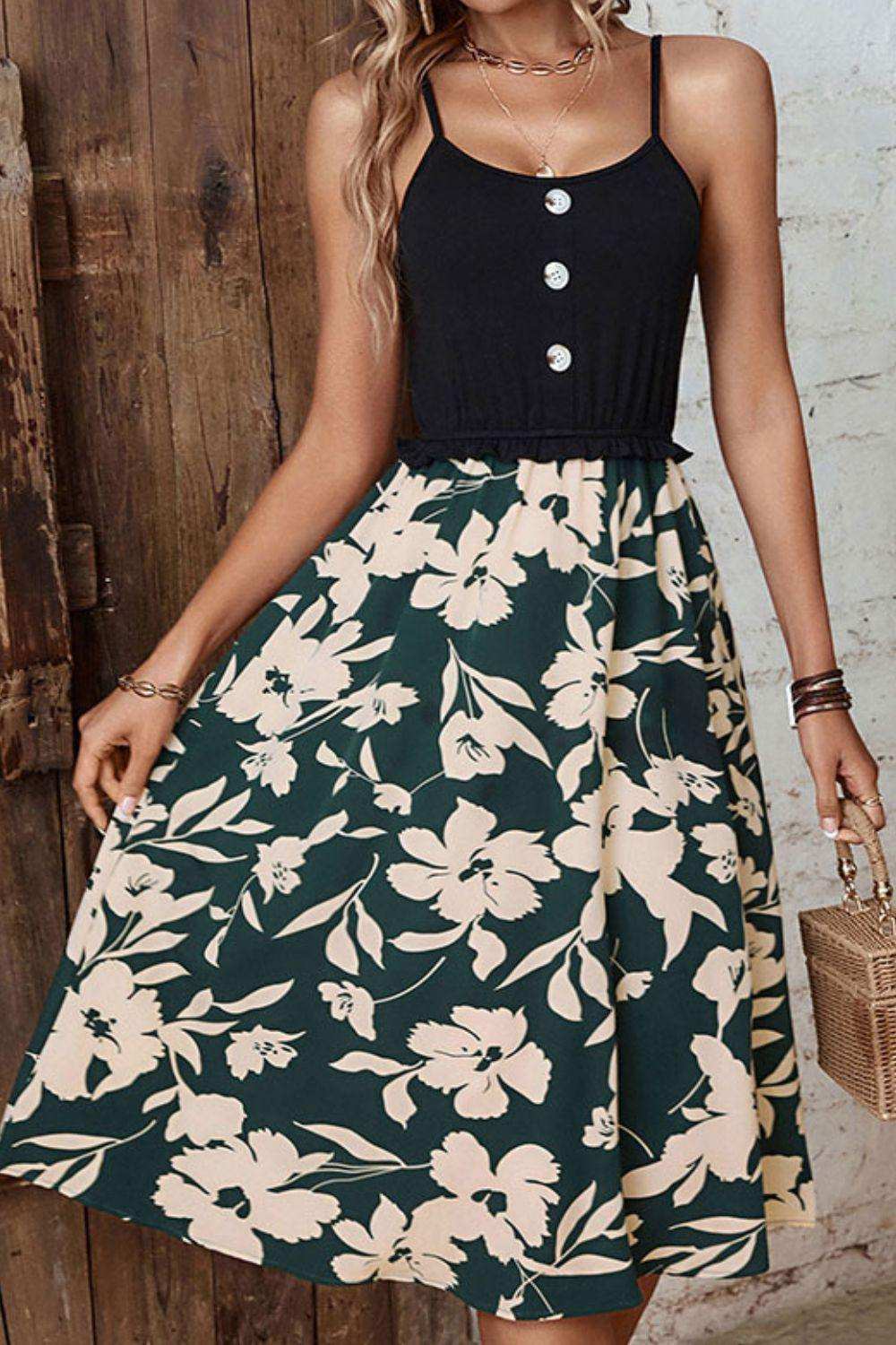 Two-Tone Decorative Button Frilled Dress - Trendsi - Flyclothing LLC