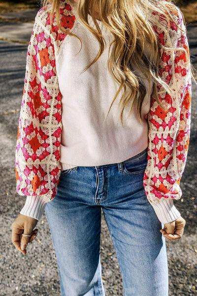 Flower Element Openwork Round Neck Sweater - Trendsi - Flyclothing LLC