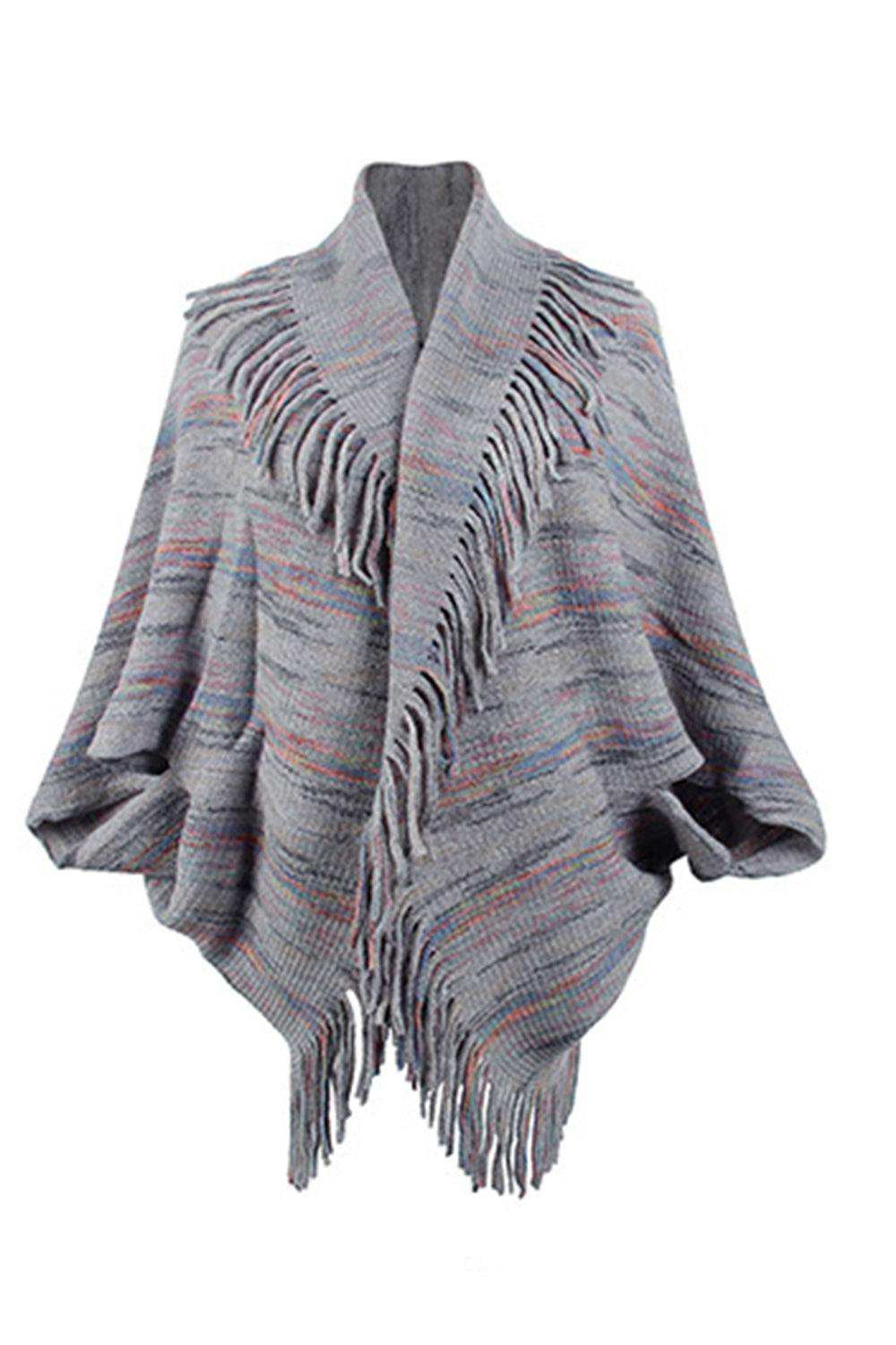 Fringe Detail Printed Poncho - Trendsi - Flyclothing LLC