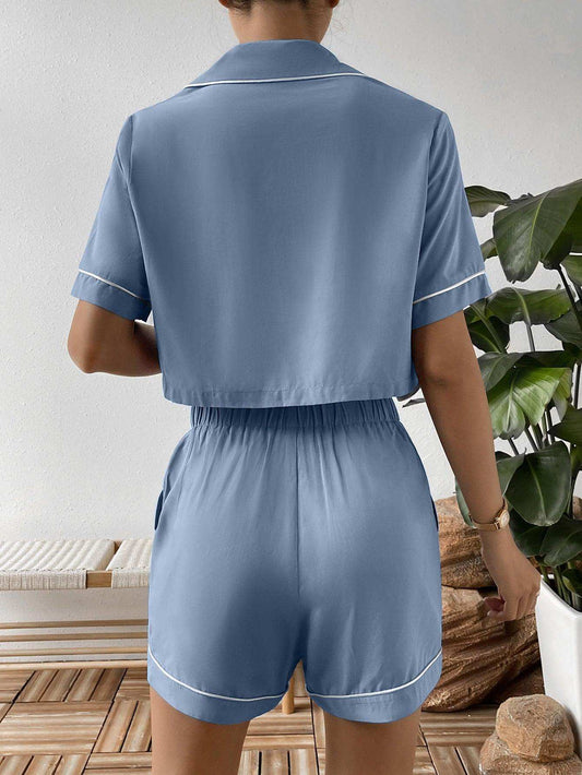 Contrast Lapel Collar Cropped Shirt and Shorts Lounge Set - Trendsi - Flyclothing LLC