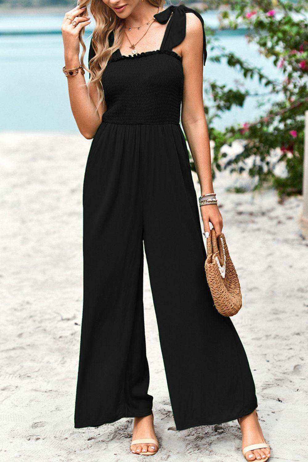 Frill Trim Tie Shoulder Wide Leg Jumpsuit with Pockets - Trendsi - Flyclothing LLC