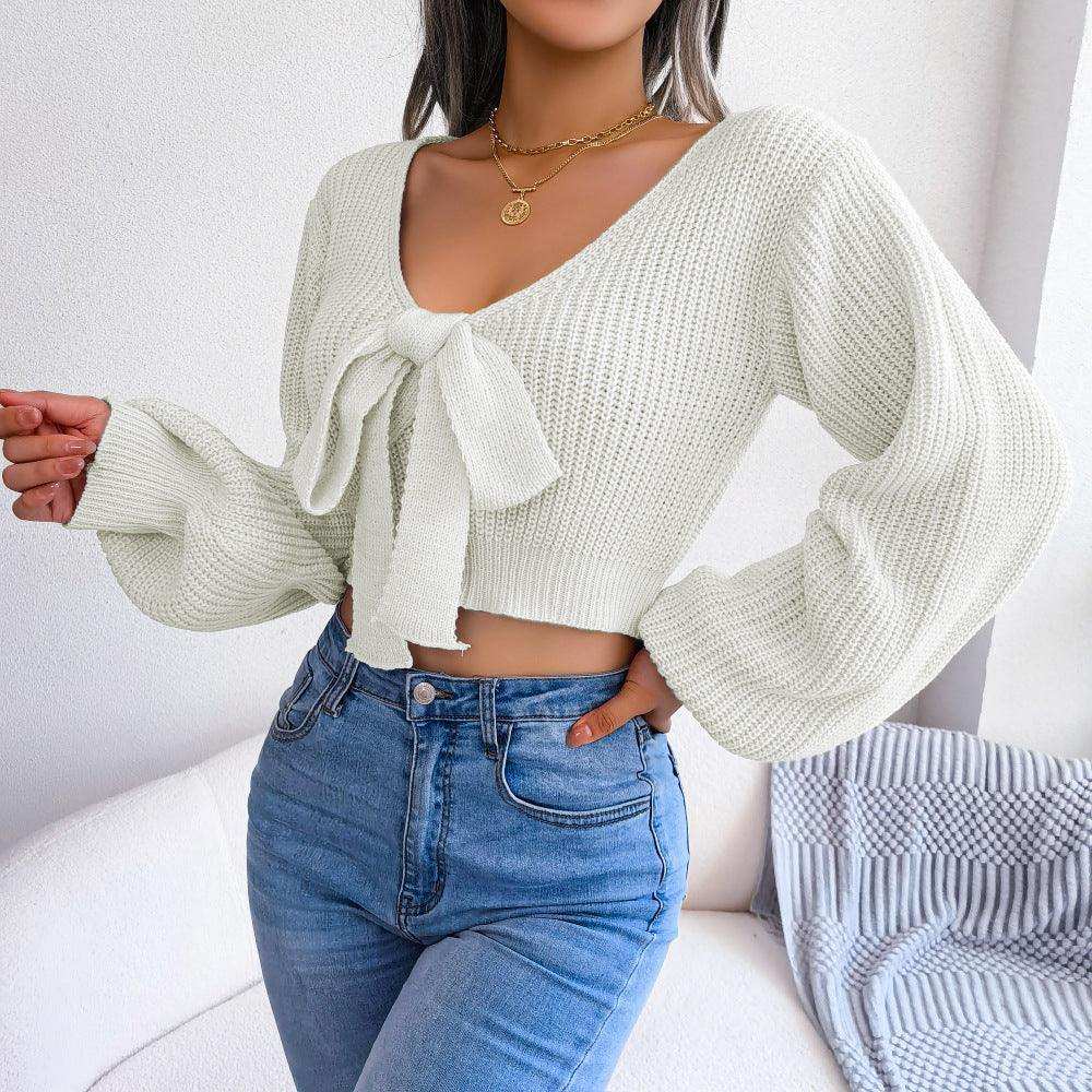 Tie-Front Rib-Knit Cropped Sweater - Trendsi - Flyclothing LLC