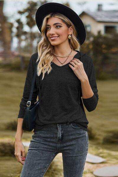 Drawstring Dropped Shoulder Hooded T-Shirt - Trendsi - Flyclothing LLC