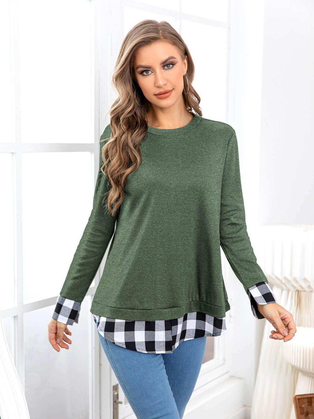Plaid Round Neck Long Sleeve Tee - Trendsi - Flyclothing LLC