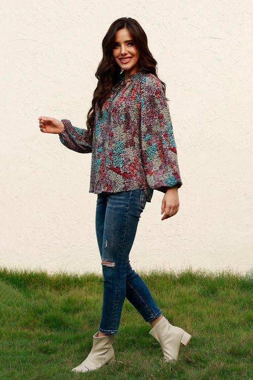 Tie Neck Heathered Balloon Sleeve Blouse - Trendsi - Flyclothing LLC