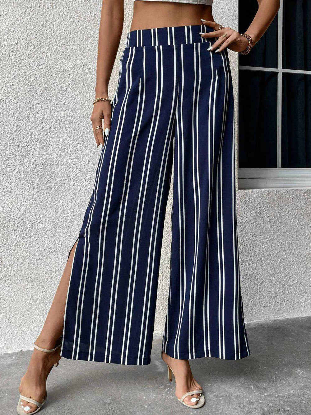 Striped Slit Wide Leg Pants - Trendsi - Flyclothing LLC