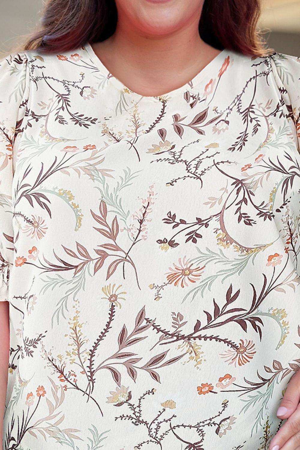 Plus Size Floral Fuff Sleeve Top - Trendsi - Flyclothing LLC