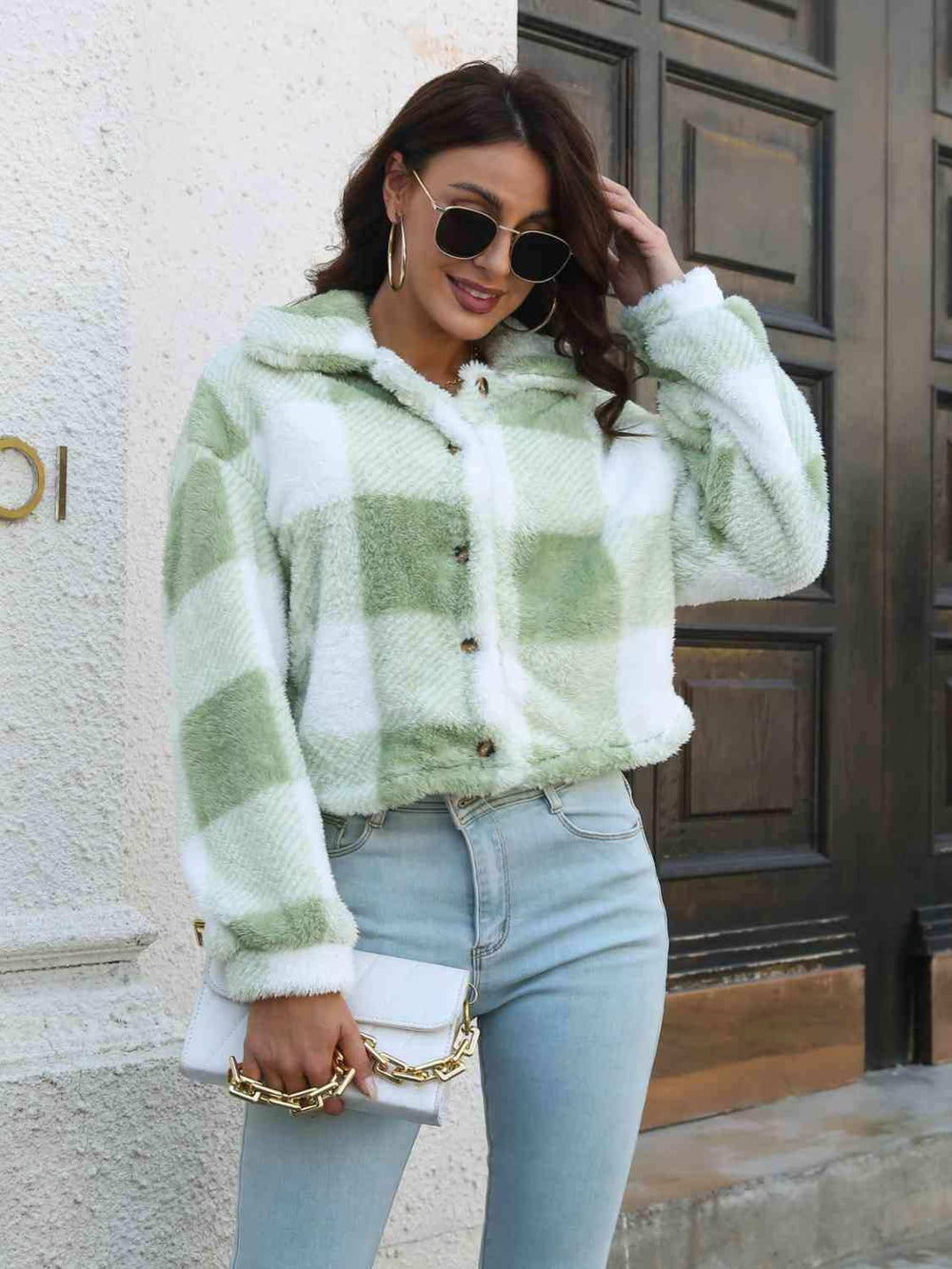 Plaid Dropped Shoulder Buttoned Jacket - Trendsi - Flyclothing LLC
