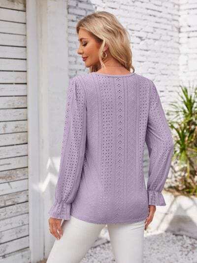 Applique V-Neck Flounce Sleeve T-Shirt - Trendsi - Flyclothing LLC