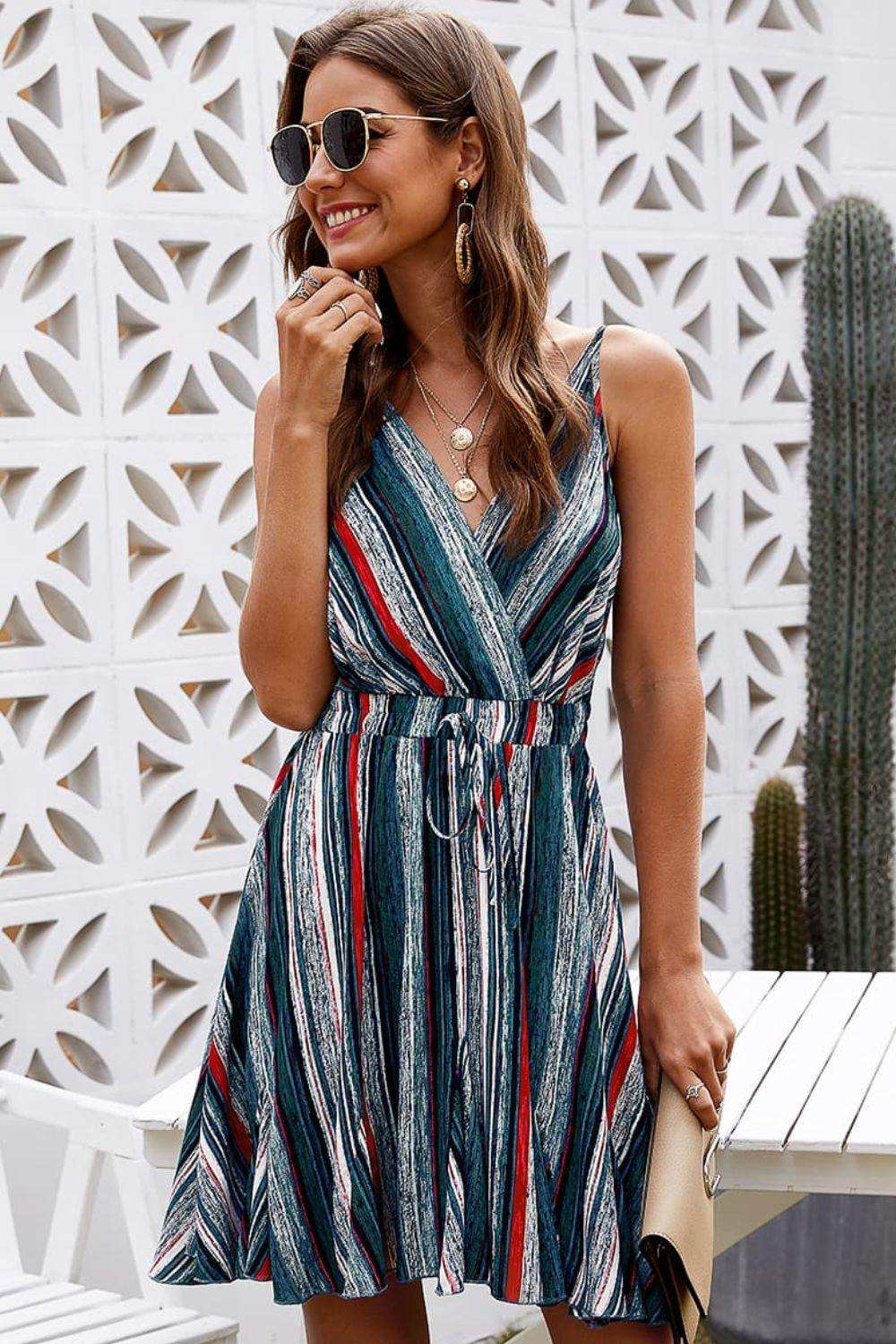 Striped Surplice Neck Spaghetti Strap Dress - Trendsi - Flyclothing LLC