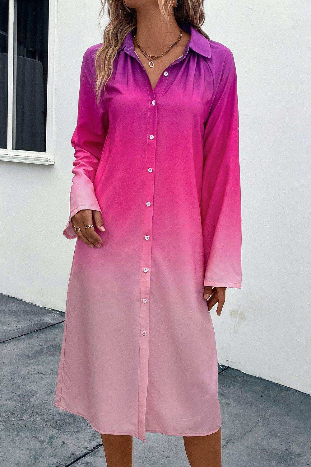 Gradient Long Sleeve Shirt Dress - Trendsi - Flyclothing LLC