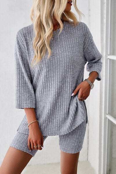 Ribbed Round Neck Top and Shorts Set - Trendsi - Flyclothing LLC