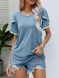 Pom-Pom Trim Flutter Sleeve Round Neck Tee - Trendsi - Flyclothing LLC