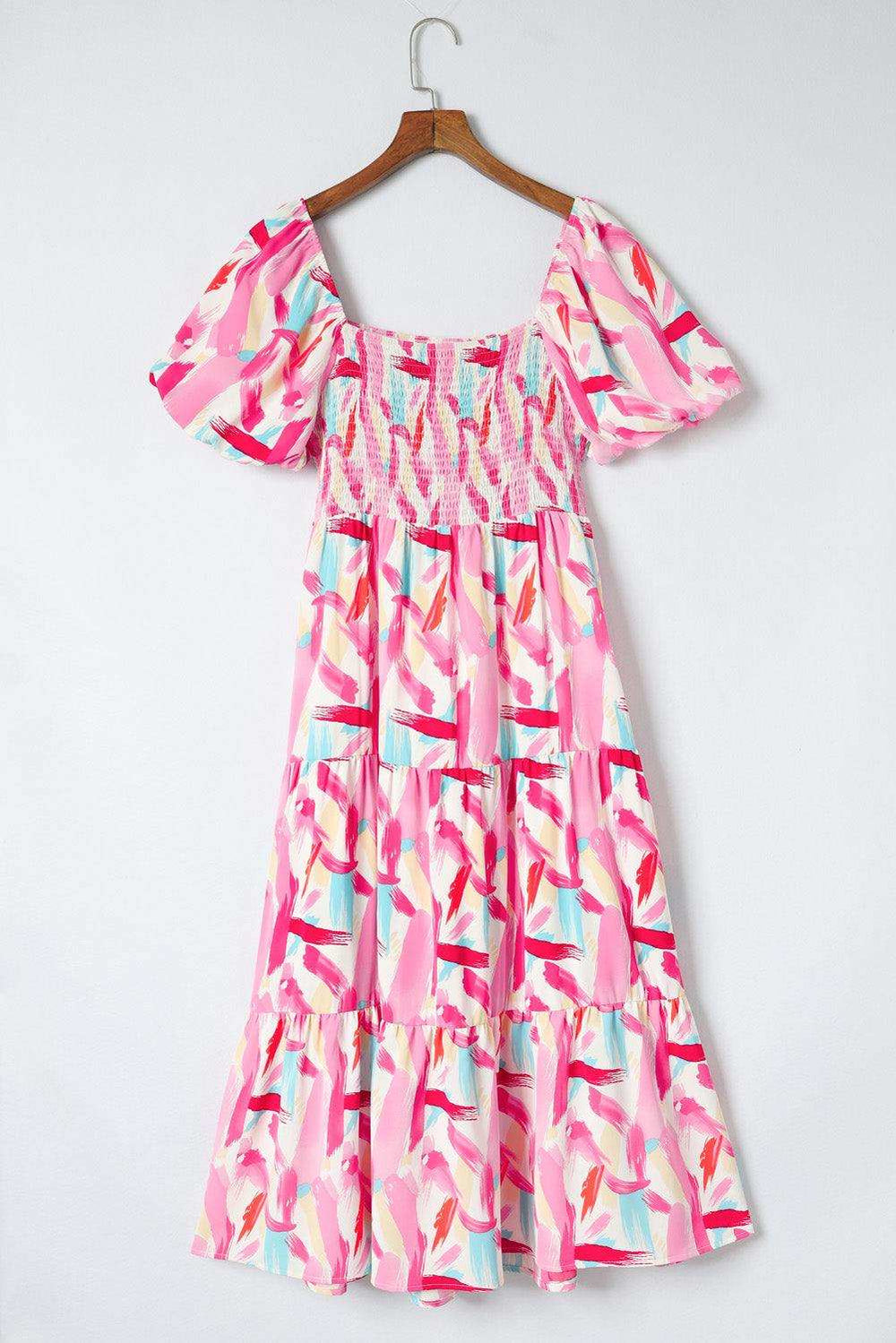 Printed Square Neck Tied Smocked Dress - Trendsi - Flyclothing LLC