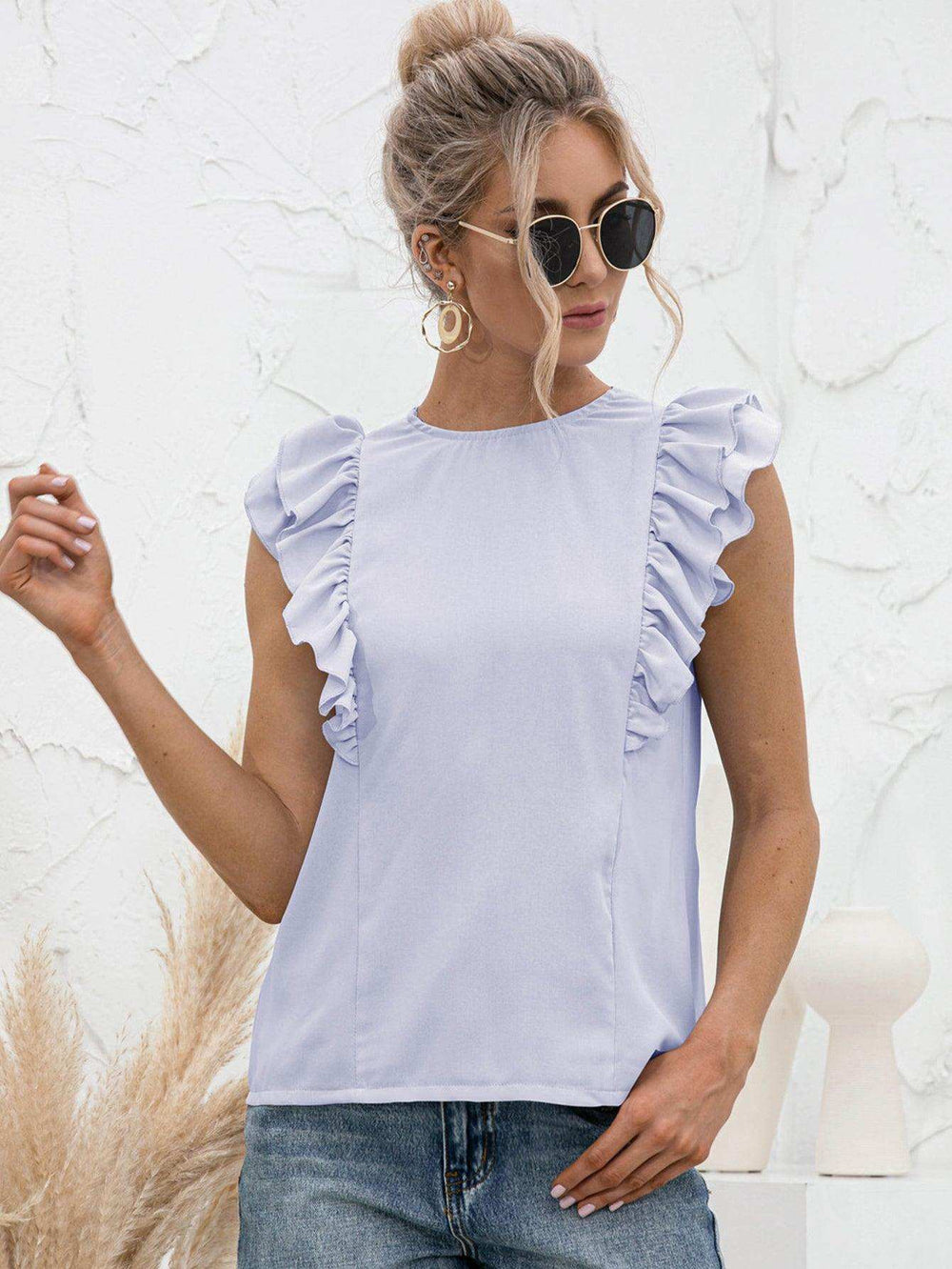 Round Neck Tied Open Back Flutter Sleeve Top - Trendsi - Flyclothing LLC