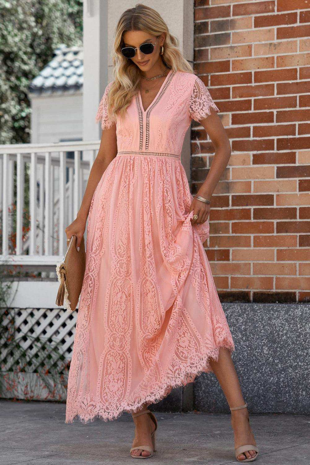 Scalloped Trim Lace Plunge Dress - Trendsi - Flyclothing LLC