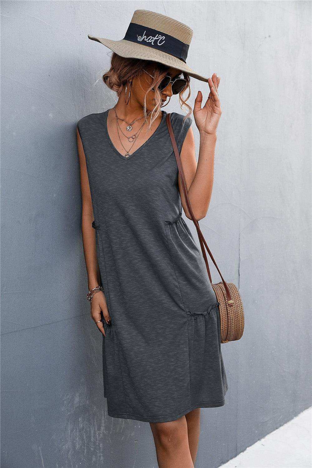 V-Neck Frill Trim Sleeveless Dress - Trendsi - Flyclothing LLC