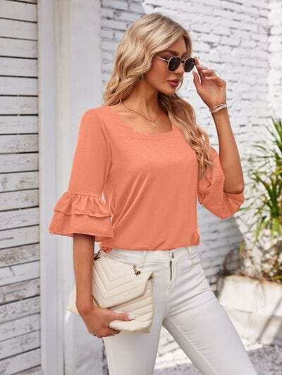 Ruffled Suqare Neck Half Sleeve Blouse - Trendsi - Flyclothing LLC