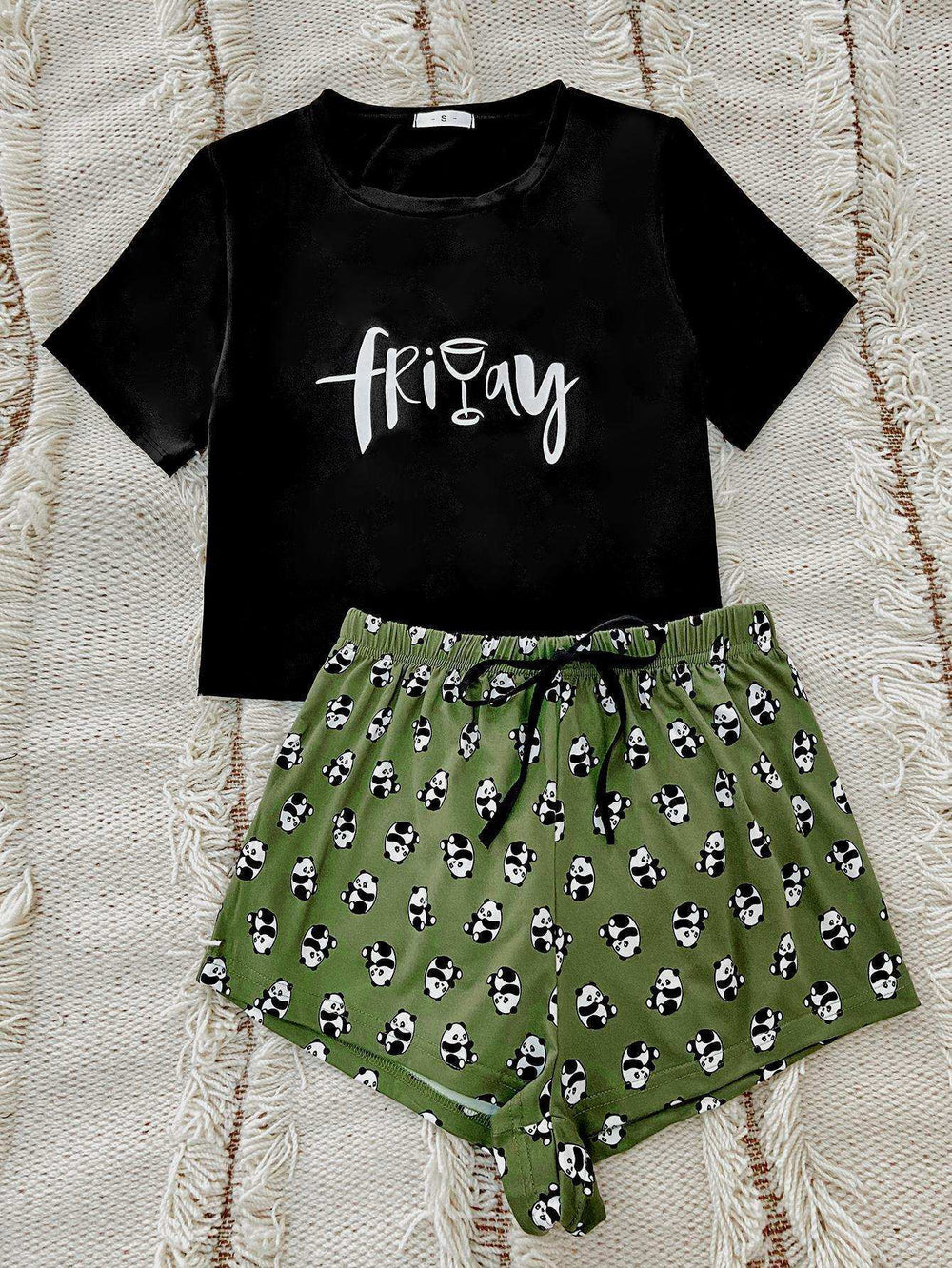 Graphic Tee and Panda Print Shorts Lounge Set - Trendsi - Flyclothing LLC